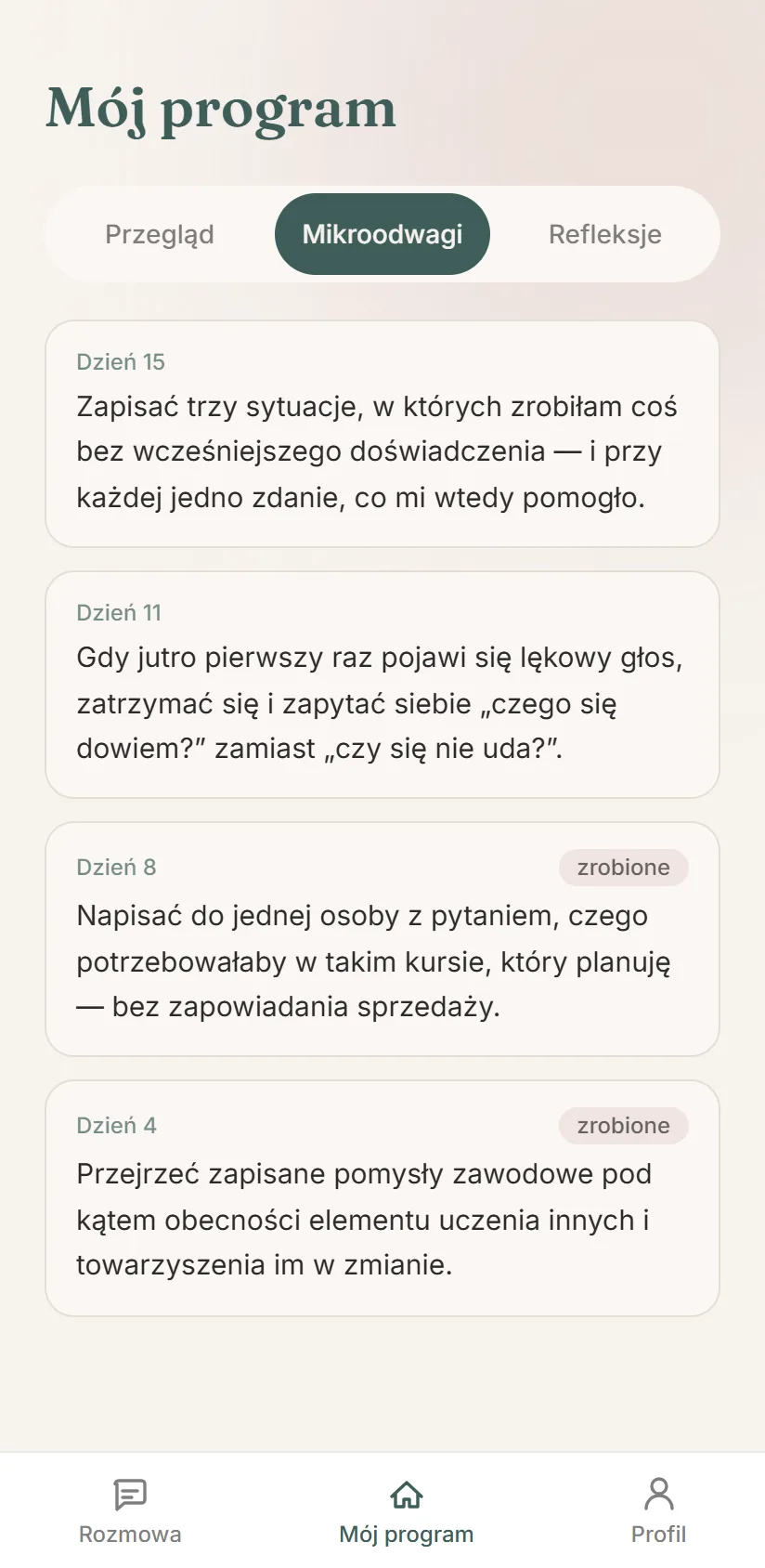 Zakładka Mikroodwagi: cztery małe działania z dni 15, 11, 8 i 4, dwa oznaczone jako zrobione