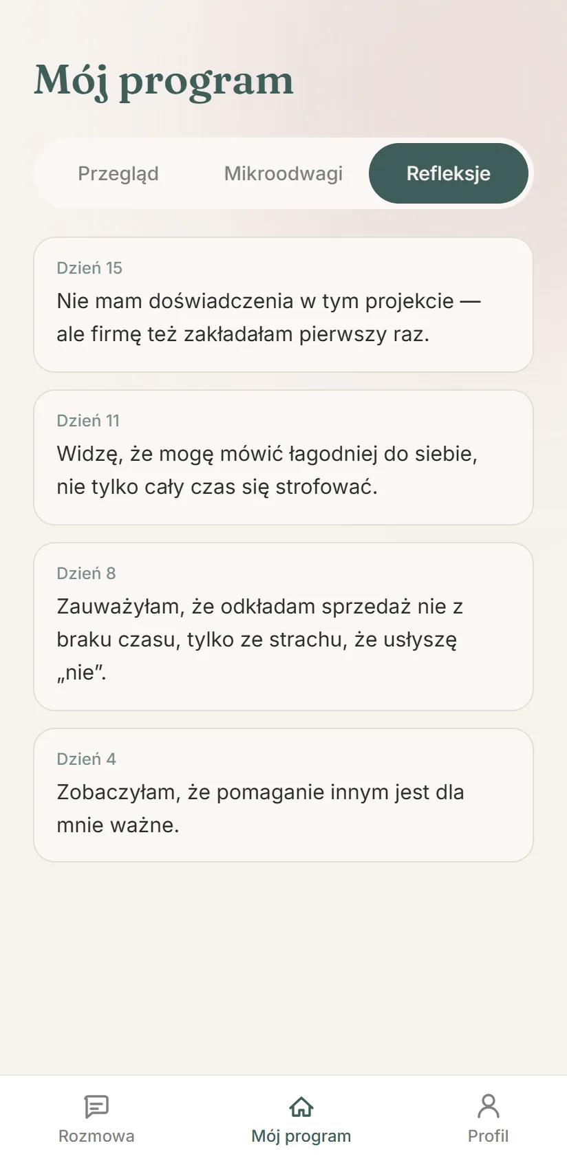 Zakładka Refleksje: cztery zapisane refleksje z dni 15, 11, 8 i 4